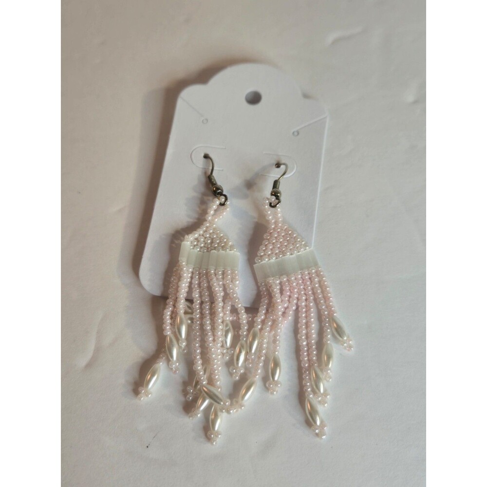 Silver Tone Earrings Dangle Seed Beads Teardrop Fringe Pink and White